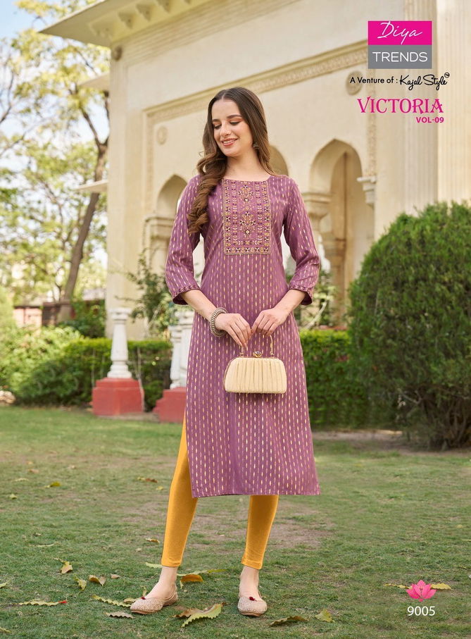 Victoria Vol 9 By Diya Rayon Foil Printed Kurtis Wholesale Shop In Surat
